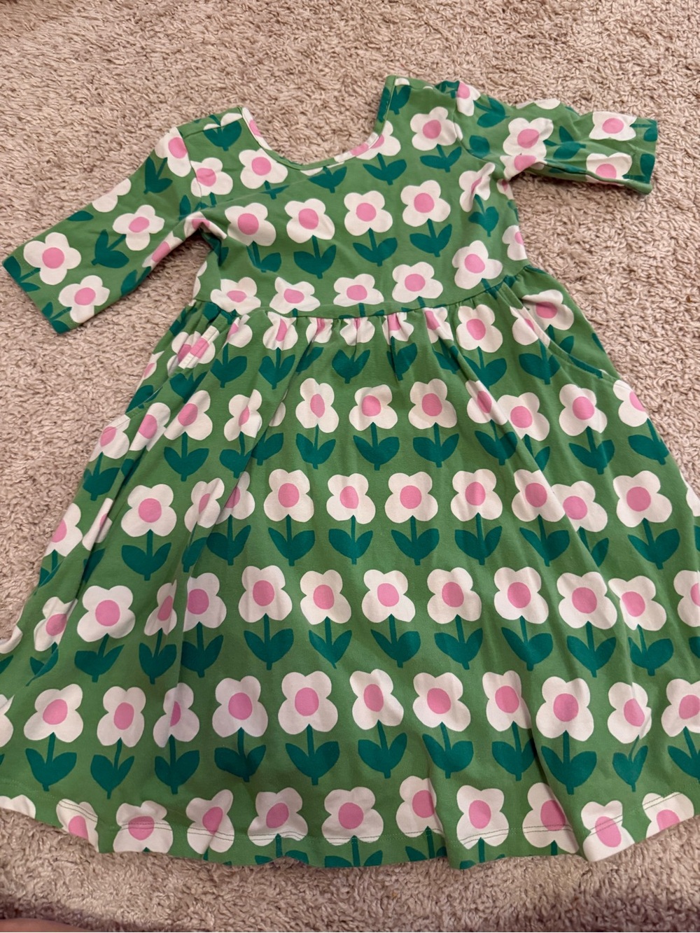 Hanna Andersson Green Floral Twirl Dress with Pink & White Flowers